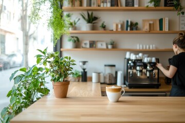 Fototapeta premium Cozy coffee shop with wooden counter and barista preparing fresh brew surrounded by green plants in inviting atmosphere