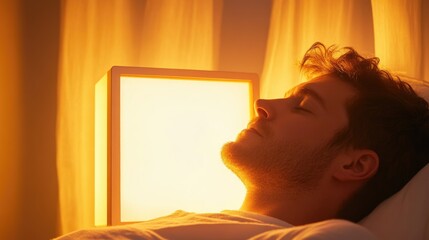 Light therapy box for seasonal affective disorder man relaxing at home illuminated by warm light alleviating winter blues and enhancing mood
