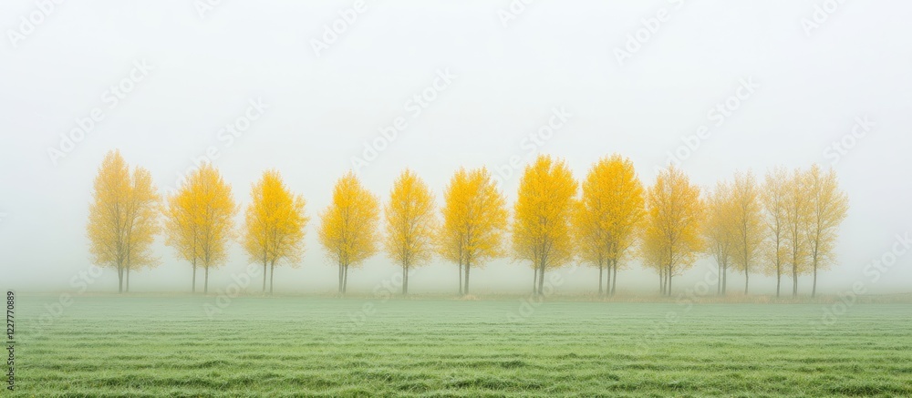 Poster foggy landscape with vibrant yellow poplar trees in an agricultural field featuring ample empty spac