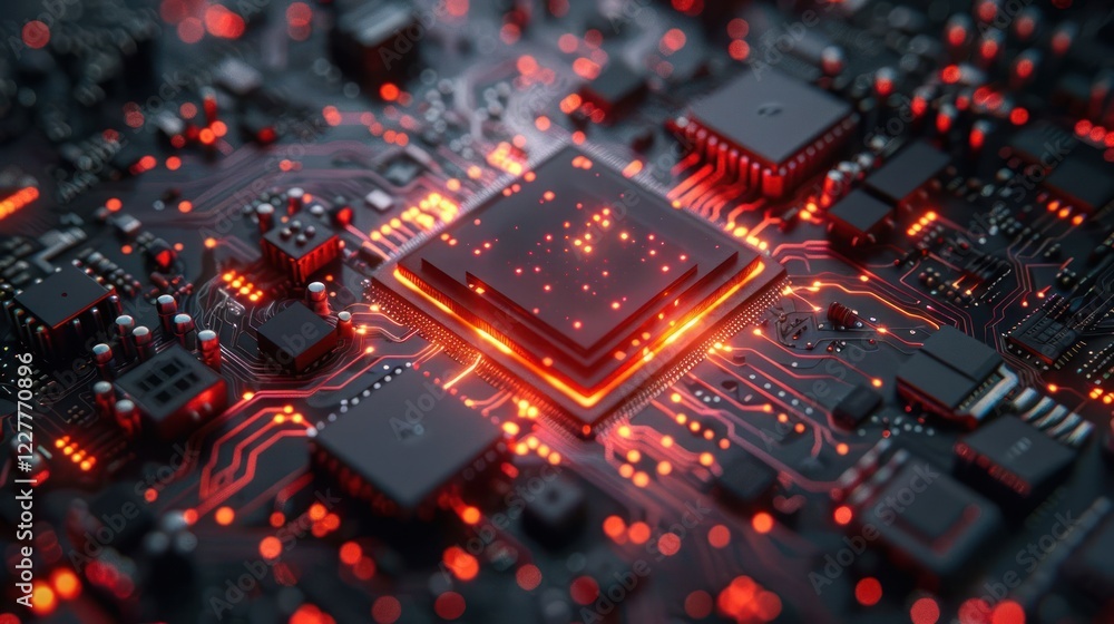 Poster close-up view of a glowing microchip on a circuit board, showcasing intricate details and connection