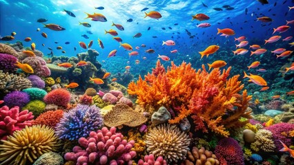 Naklejka premium Schools of small fish dart through a coral reef teeming with life and colorful seaweed, ocean currents, ocean life, marine biology