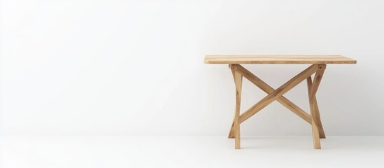 Foldable wooden table with rectangular top and crossed legs on white background perfect for minimalist design and advertising copy space