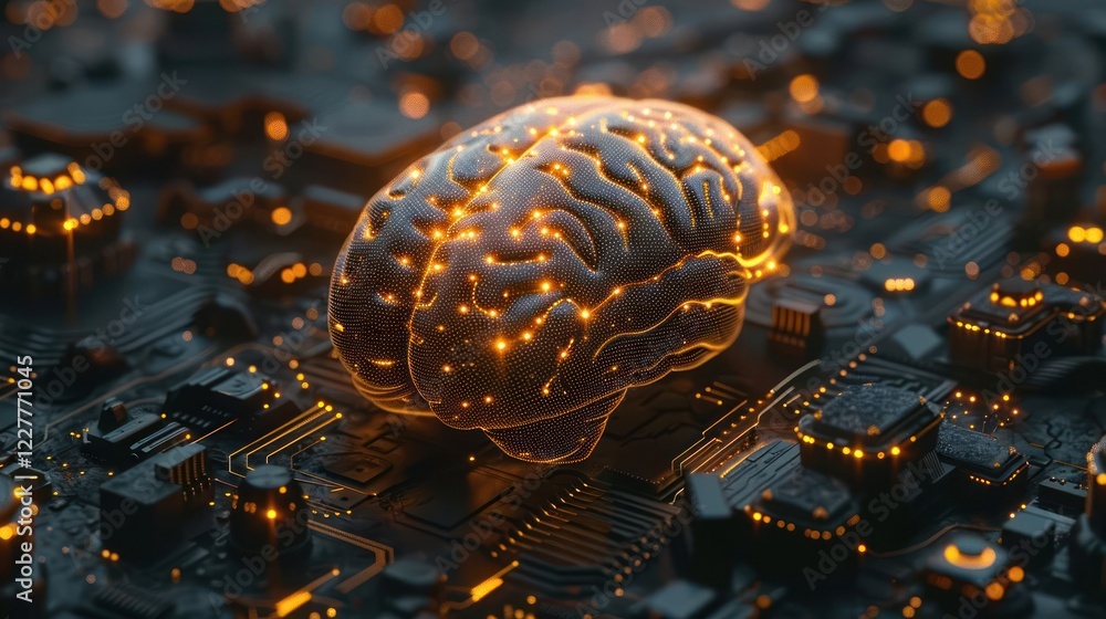 Poster futuristic brain model illuminated with glowing circuits on a digital circuit board background