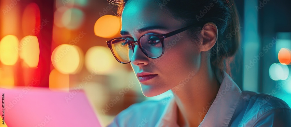 Poster female economic analyst working on sales data analysis in a modern office setting with vibrant light
