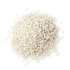 Pile of plastic granules isolated on white, top view