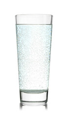 Refreshing soda water in glass on mirror surface isolated on white