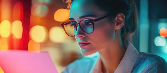 Female economic analyst working on sales data analysis in a modern office setting with vibrant lighting and ample copy space for text.