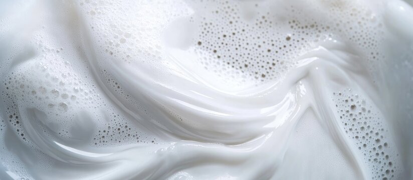 Foamy liquid detergent washing white clothes in a machine with bubbles close up and empty space for text or branding elements