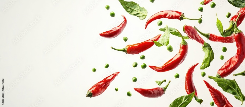 Poster dynamic composition of chili peppers and green peas in motion with blank space for text or branding 