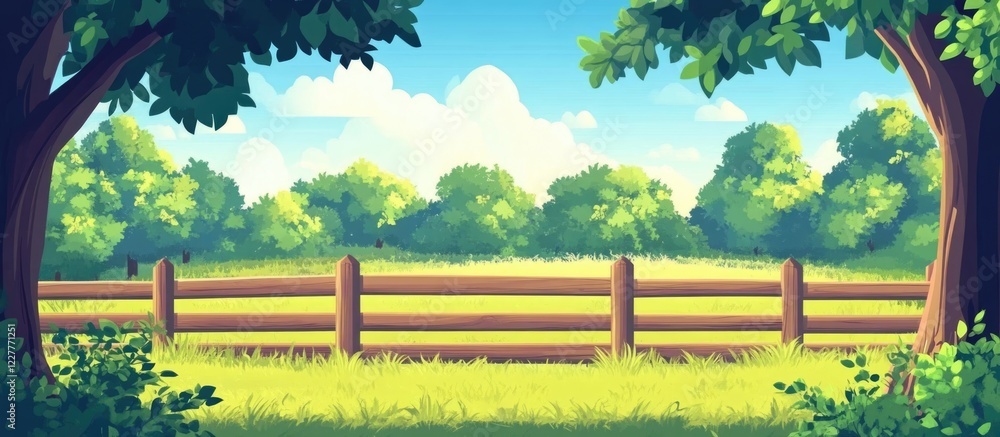Poster serene countryside fenced area with lush greenery and open space for text or design elements in a tr