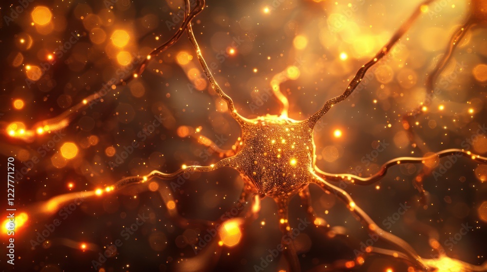 Poster close-up view of a glowing neuron with intricate dendrites against a blurred golden background