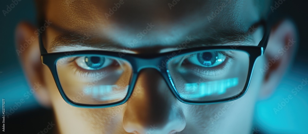 Poster focused analyst reviewing financial data with computer screen reflection and copy space for text