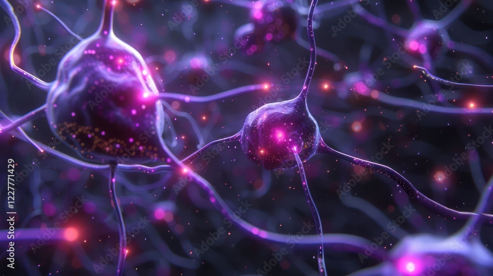 Poster close-up view of vibrant neurons interconnected in a dark background, illustrating neural activity
