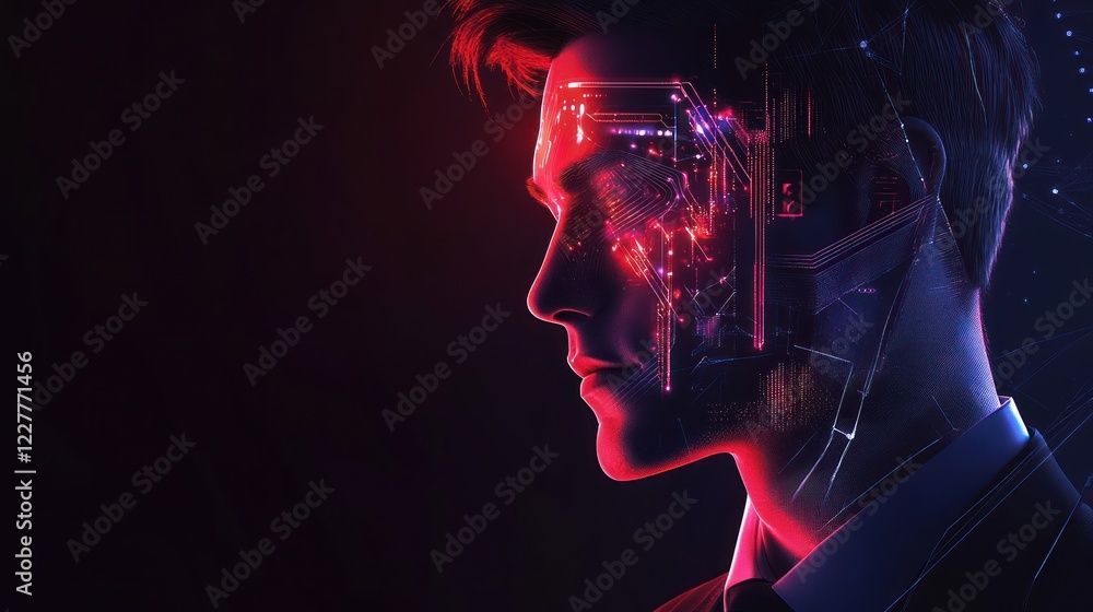 Poster man profile digital interface with red light on dark background for technology concepts