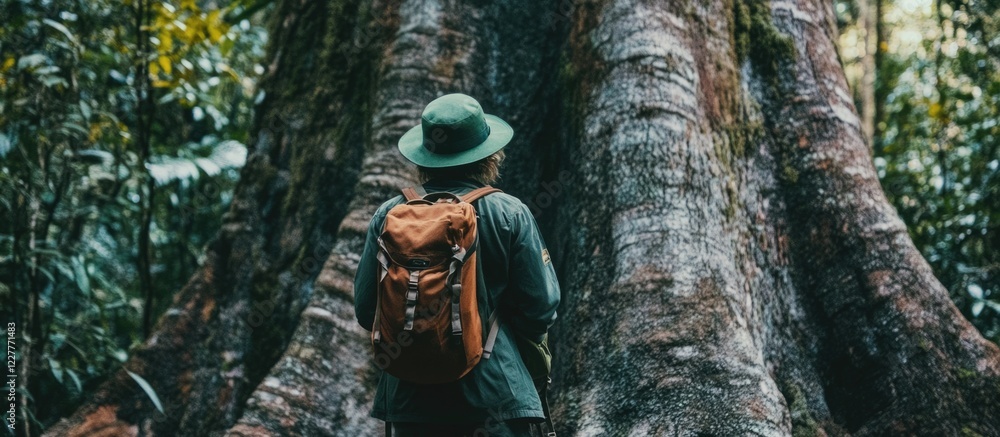 Poster explorer in green hat admiring large ancient tree trunk in lush forest with ample blank space for te