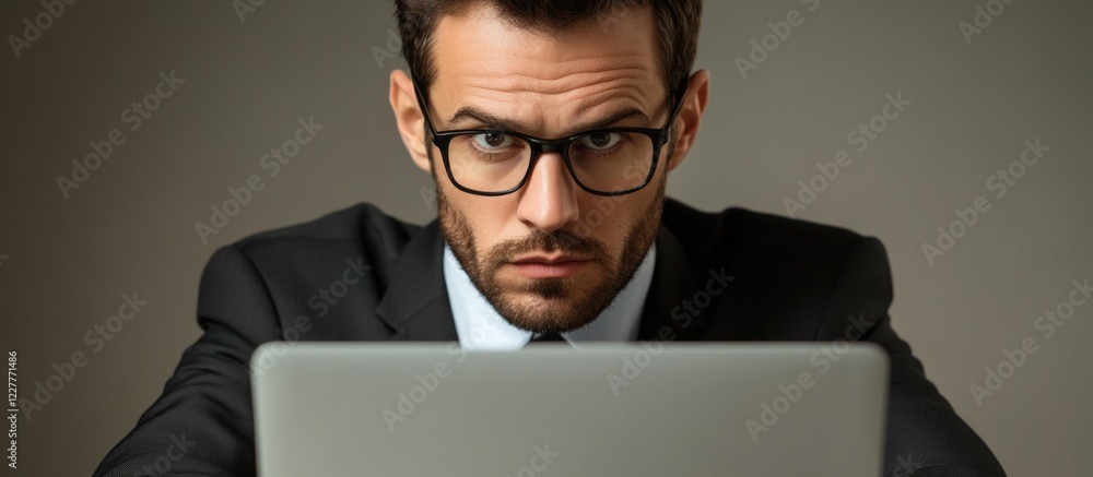 Poster businessman coding on laptop in formal attire with serious expression and empty space for text or br