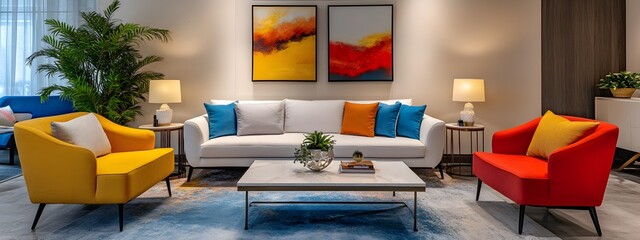 Modern interior design with vibrant colors, including red, blue, and yellow, featuring a white sofa set
