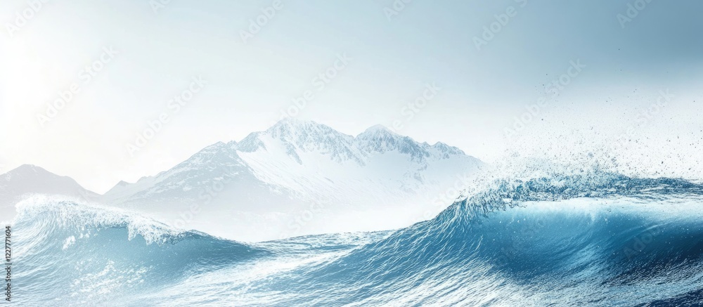 Poster serene ocean waves with majestic mountains in background empty space for custom text or branding