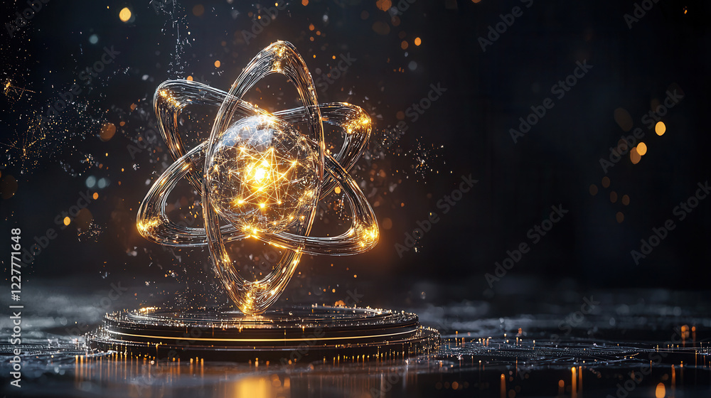 Poster glowing atomic structure with intricate 3d rendering, symbolizing energy and science