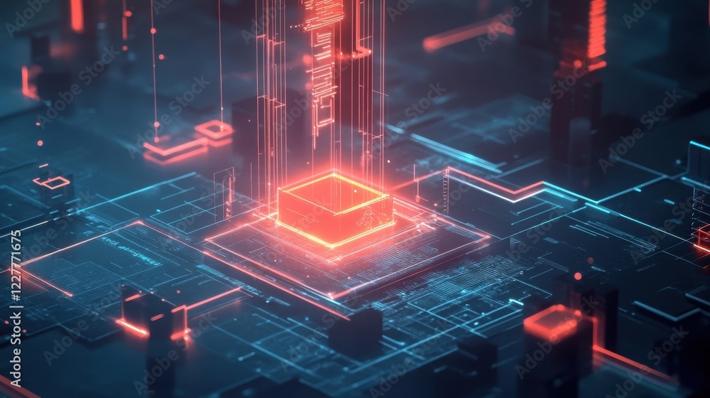 Poster glowing quantum computer processing data, transmitting information through complex circuitry structu
