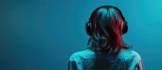 Focused student with headphones engaged in online learning against a vibrant backdrop suitable for text overlay and educational concepts.