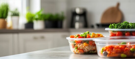 Healthy meal prep containers on a kitchen table with fresh ingredients and ample space for text or branding.
