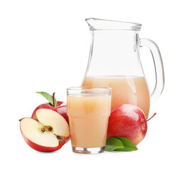 Tasty apple juice and fresh fruits isolated on white