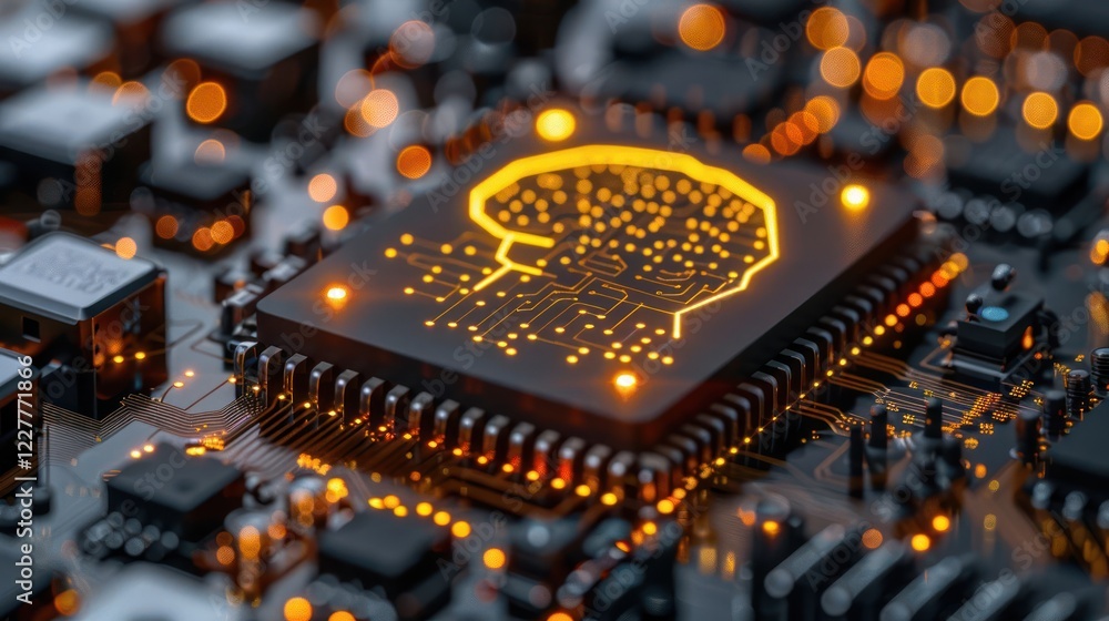 Poster close-up of a microchip with a glowing brain design, showcasing advanced technology and innovation