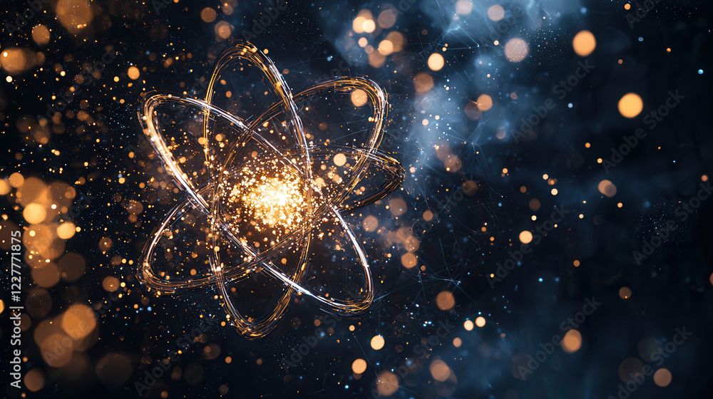 Poster glowing atomic structure with intricate details and vibrant particles creates mesmerizing visual eff