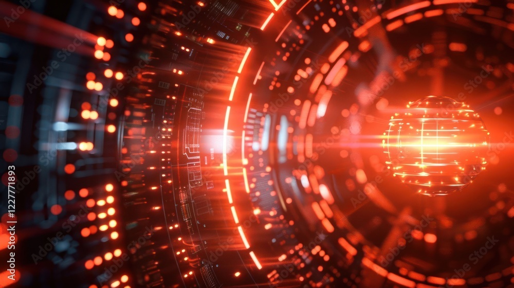 Poster futuristic abstract tunnel with glowing red lights and digital patterns, evoking technology and ener