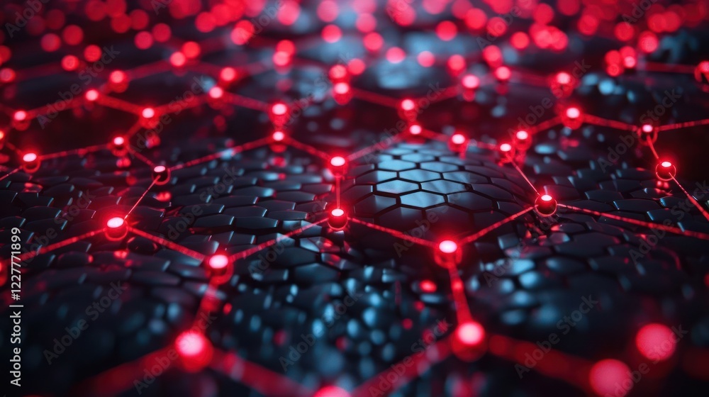 Poster abstract close-up of a futuristic hexagonal surface with glowing red nodes and dark textures