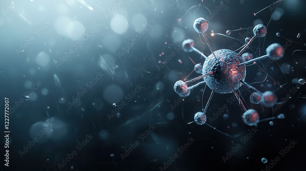 Poster vibrant 3d atomic model with glowing electrons, showcasing intricate details and dynamic background