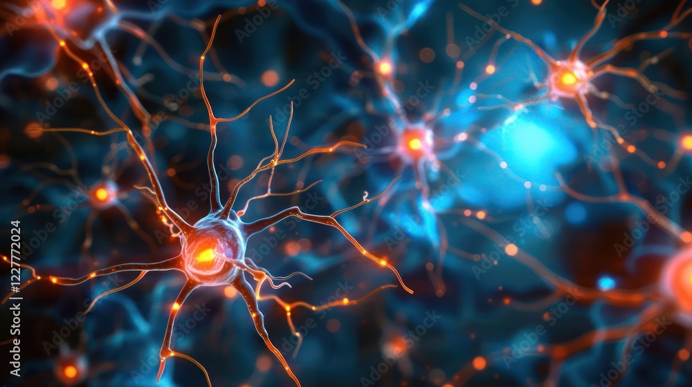 Poster close-up view of interconnected neurons showcasing synapses and glowing connections in a dark backgr