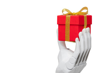 bionic prosthetic arm or forearm in white on transparent background holds a red gift, prosthetics of limbs of arms and legs, modern cyber technologies