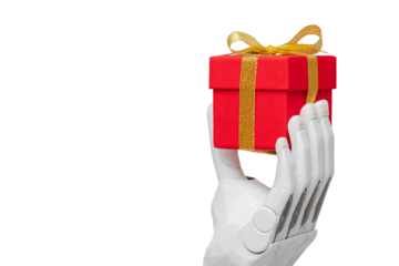bionic prosthetic arm or forearm in white on transparent background holds a red gift, prosthetics of limbs of arms and legs, modern cyber technologies
