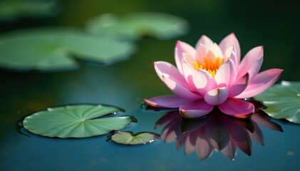 Delicate water lilies float on the surface of a serene pond, calm atmosphere, water's edge, flower motifs