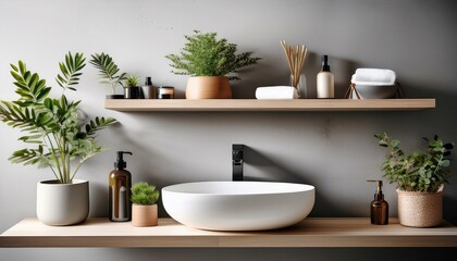 Fototapeta premium modern bathroom with floating shelves a sink and plants