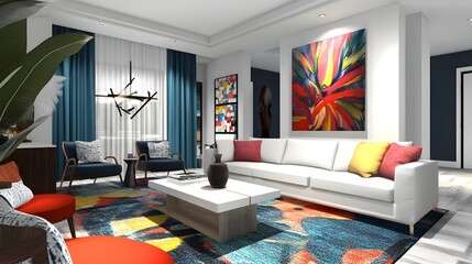 Modern interior design with vibrant colors, including red, blue, and yellow, featuring a white sofa set
