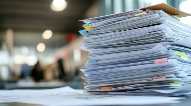 Diverse team analyzing data with stacks of paperwork and charts in modern office setting showcasing collaboration and productivity.