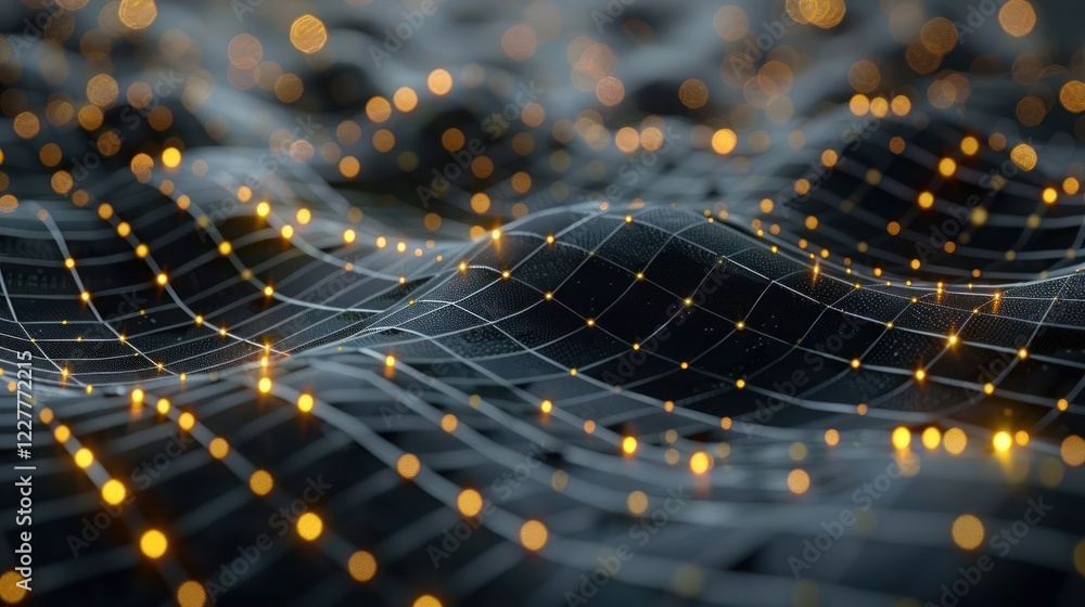 Poster abstract representation of a digital landscape with glowing nodes and a grid structure