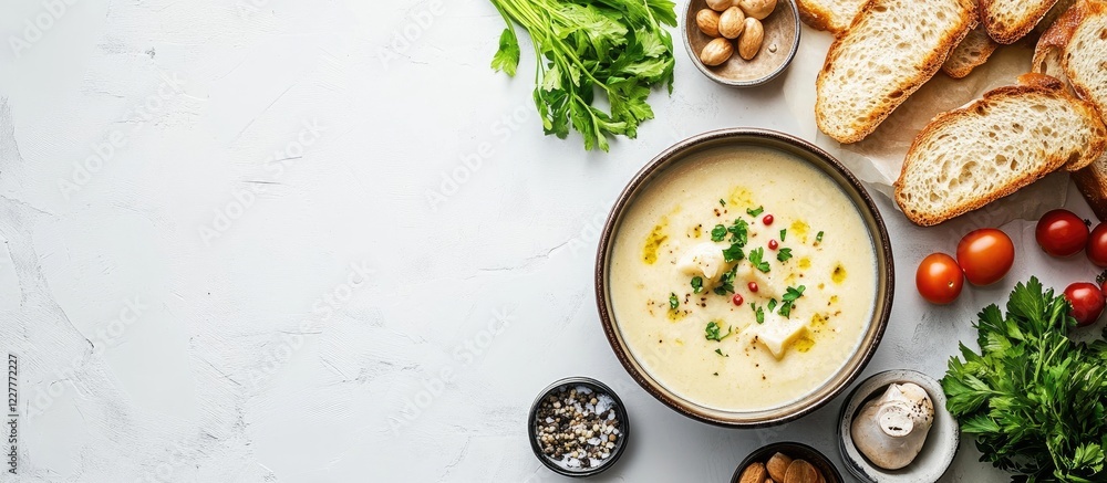 Poster warm cheese fondue served with fresh bread and assorted vegetables on a clean white background showc