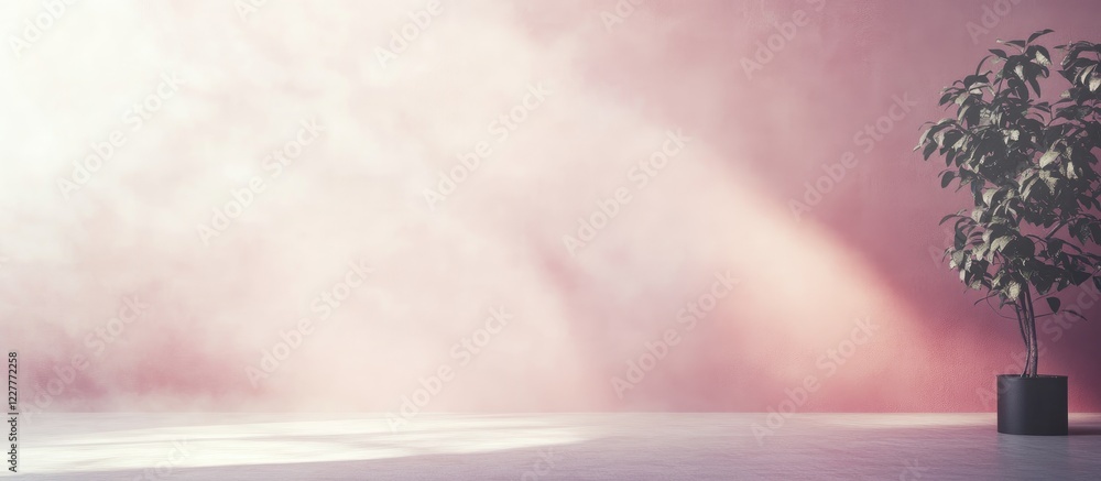 Poster soft pink studio room with foggy background and empty space for text featuring a plant in a minimali