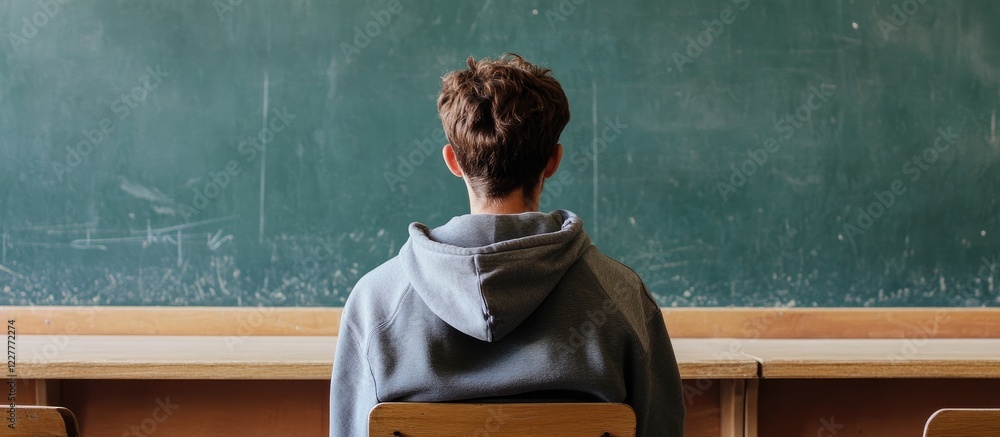 Poster teenager in classroom focused on lesson with chalkboard background and empty space for educational t