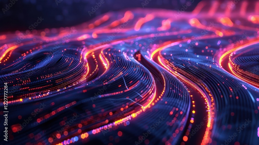 Poster abstract visualization of flowing neon waves with glowing particles in a digital landscape
