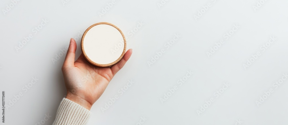 Poster hand holding a circular blank icon with wood frame against a clean white background for customizable