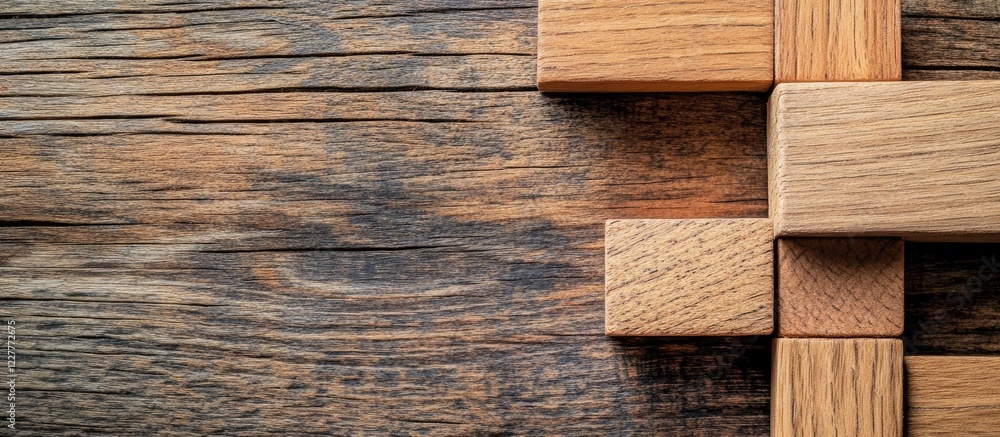 Poster wooden building blocks arranged on a table with copy space for text in a creative evangelization con