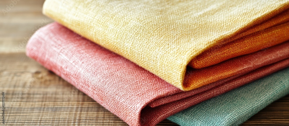 Poster textured cotton fabric stack in soft colors with empty space for customization on a rustic wooden ba