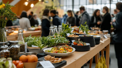 A sustainable event where guests are served food on biodegradable plates and cups, surrounded by educational booths about reducing plastic use and promoting composting 