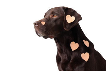 Labrador dog with peach-colored stickers pasted on hearts. valentine's day. Love day greeting cards pet on transparent background, place for text
