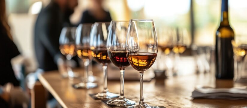 Focus group evaluating wine products in a panel discussion with glasses on a table and empty space for text or branding
